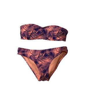 Forever 21 Tropical Palm Print Bandeau Bikini Set Pink‎ Navy Blue Two Piece Swim